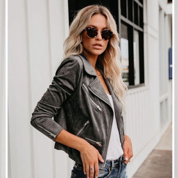 VICI Grey Faux Suede Moto Style Jacket Sz XL